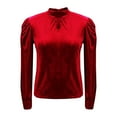 thumbnail image 4 of Lenpel Velvet Tops for Women Ruffle Long Sleeve Mock Neck Cut out Ruched Dressy Casual Blouses Trendy Velour Shirts(Red,X-Large), 4 of 7