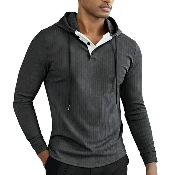 XIAONU Mens Hoodies Ribbed Button V Neck Long Sleeve Hooded Sweatshirt Solid Color Vintage Slim Fit Pullover Drawstring Hoodie Top