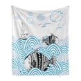 thumbnail image 1 of Fish Soft Flannel Fleece Throw Blanket, Sketch Boat and Motifs Underwater Fauna with Wavy Ocean Marine Art, Cozy Plush for Indoor and Outdoor Use, 50" x 60", Blue Black and White, by Ambesonne, 1 of 6