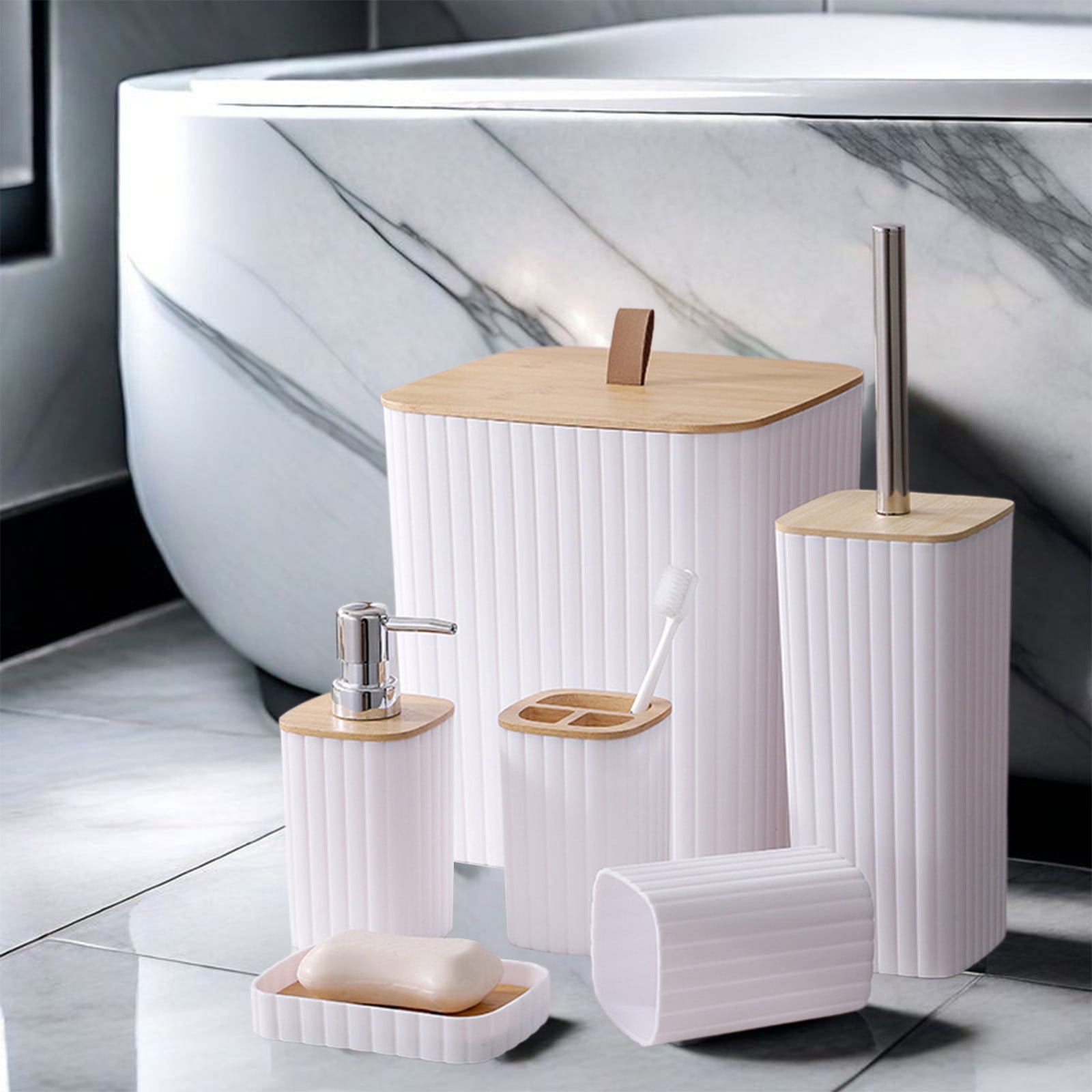 Blueek 6PC Bathroom Accessory Set, Plastic Bathroom Organizer with Toilet Brush, Trash Can, Soap Dispenser for Stylish Home(White)