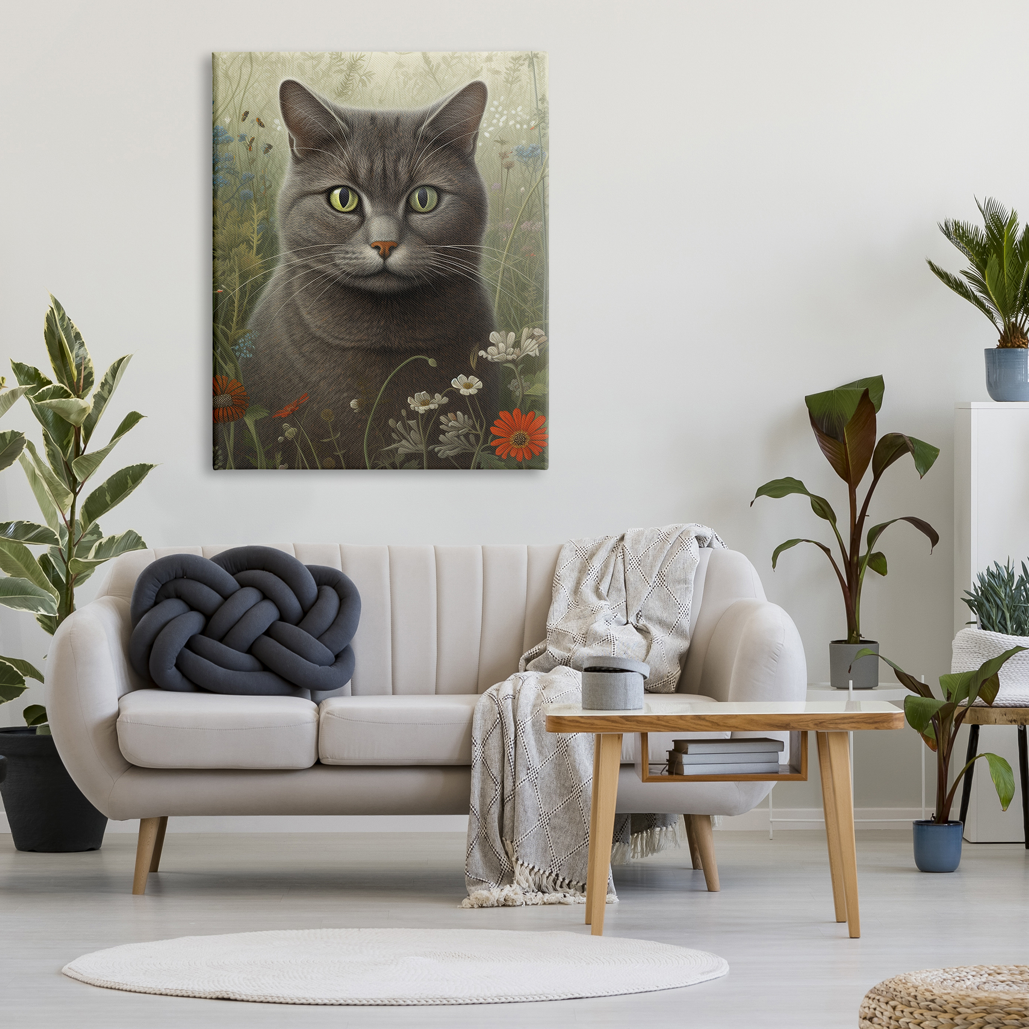 Stupell Industries Grey Cat in Flower Field Animals & Insects Painting Gallery Wrapped Canvas Print Wall Art, 36 x 48