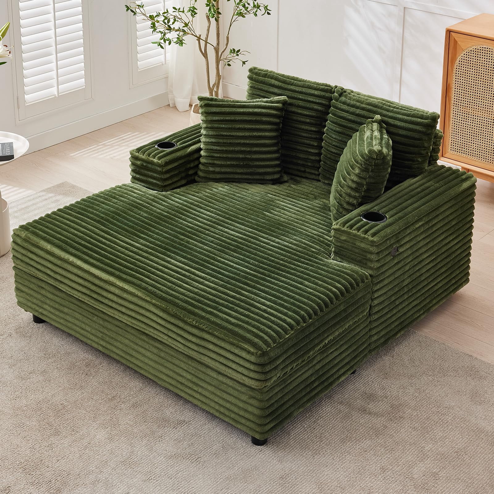 Oversized Corduroy Chaise Lounge Chair with Cup Holder & USB Charging Port, 54" Wide Plush Sofa with High-Density Foam & Supportive Springs for Living Room