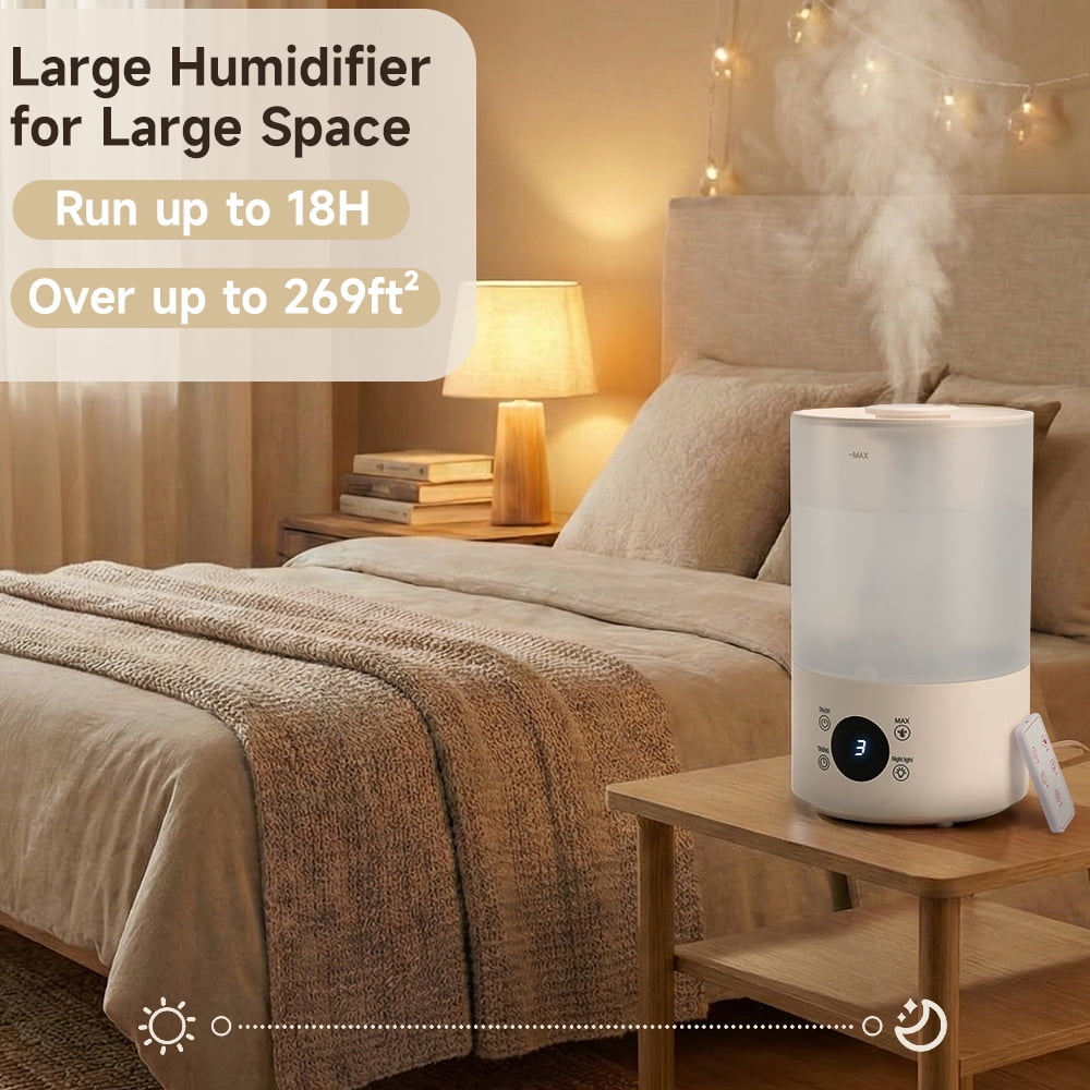 Humidifier for Bedroom, 4L Cool Mist Top-Fill 18H Long Time, Quiet 36db, Large Capacity Humidifier with Remote Control, 7-Color RGB Light, Auto Shut-off for House, Plant, Large Room