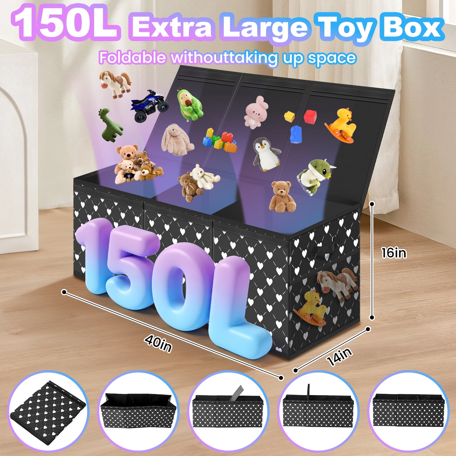 Extra Large Toy Box, Collapsible Sturdy Kids Toy Chest Storage Box with 3 Side bags and Removable Lids, 41"X14"X16"，large toy box for Nursery Room, Playroom,Closet,,School,Black White