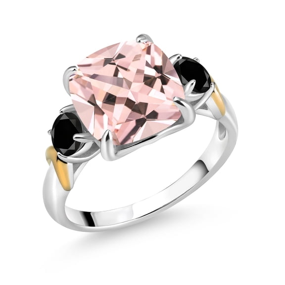 Gem Stone King 925 Silver and 10K Yellow Gold Peach Nano Morganite and Black Diamond 3 Stone Ring for Women (4.86 Cttw, Gemstone October Birthstone, Cushion 10MM, Round 4MM, Size 7)