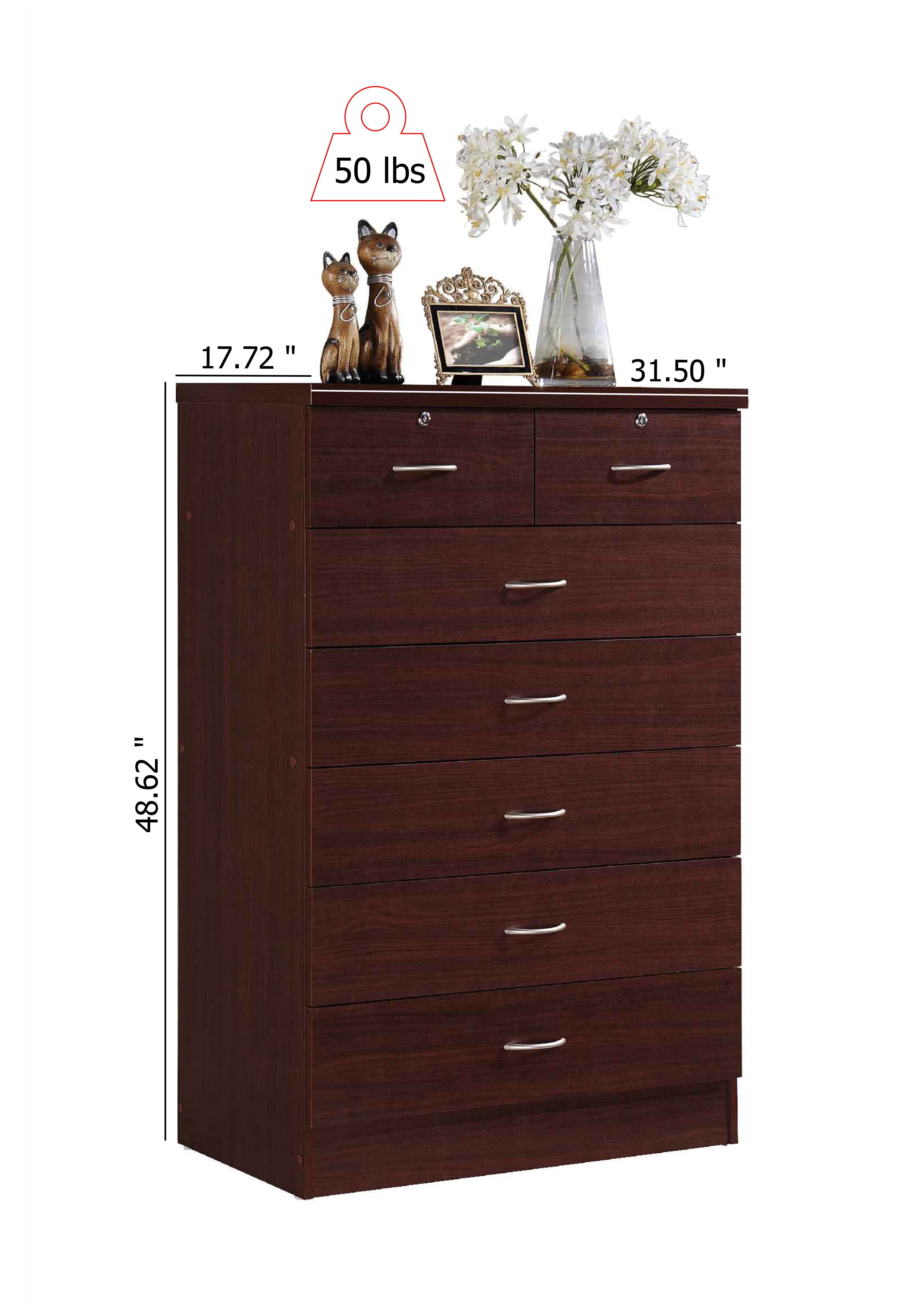 Hodedah 7 Drawer Dresser with Two Locks, Mahogany
