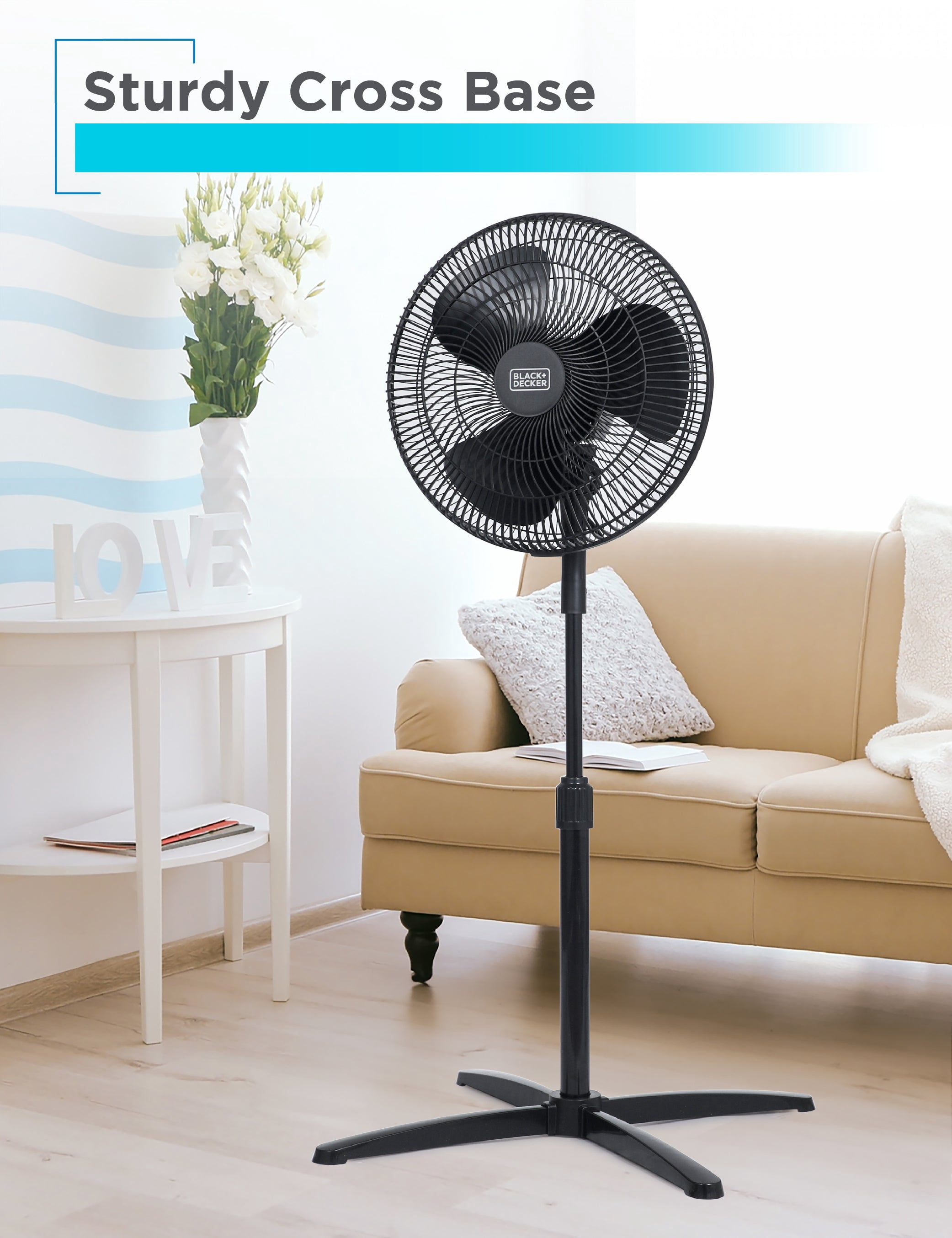 BLACK+DECKER 16-Inch Pedestal Fan, BFP16MXB, Oscillating Fan for Home and Office, Standing Fan with 3 Speed Settings, Height Adjustable with Adjustable Head Tilt, Black