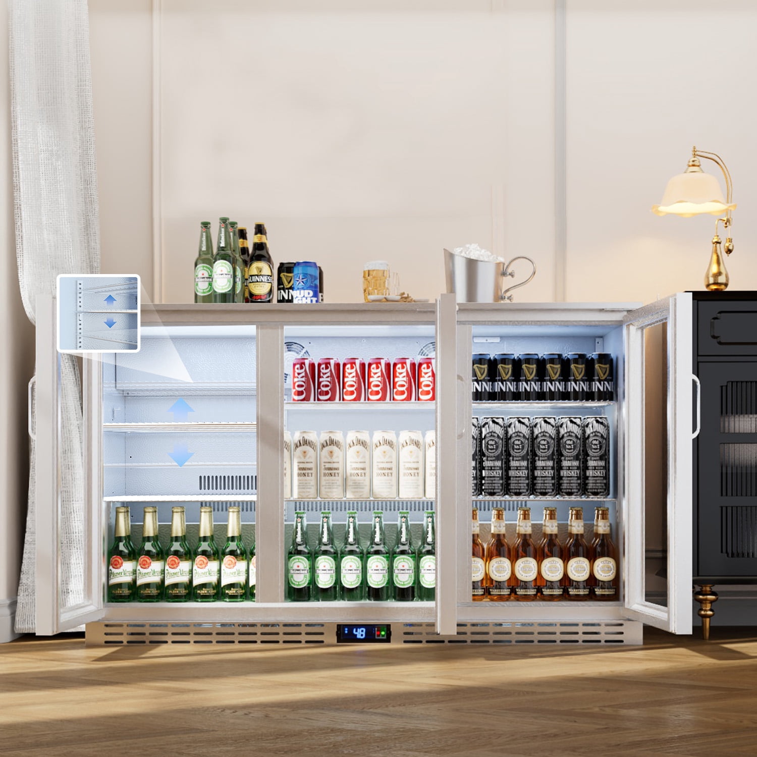 Coolake 53 inch 11.7 cu.ft Back Bar Cooler Commercial Counter Height Beverage Refrigerator with 3 Glass Doors & LED Lighting, 115v