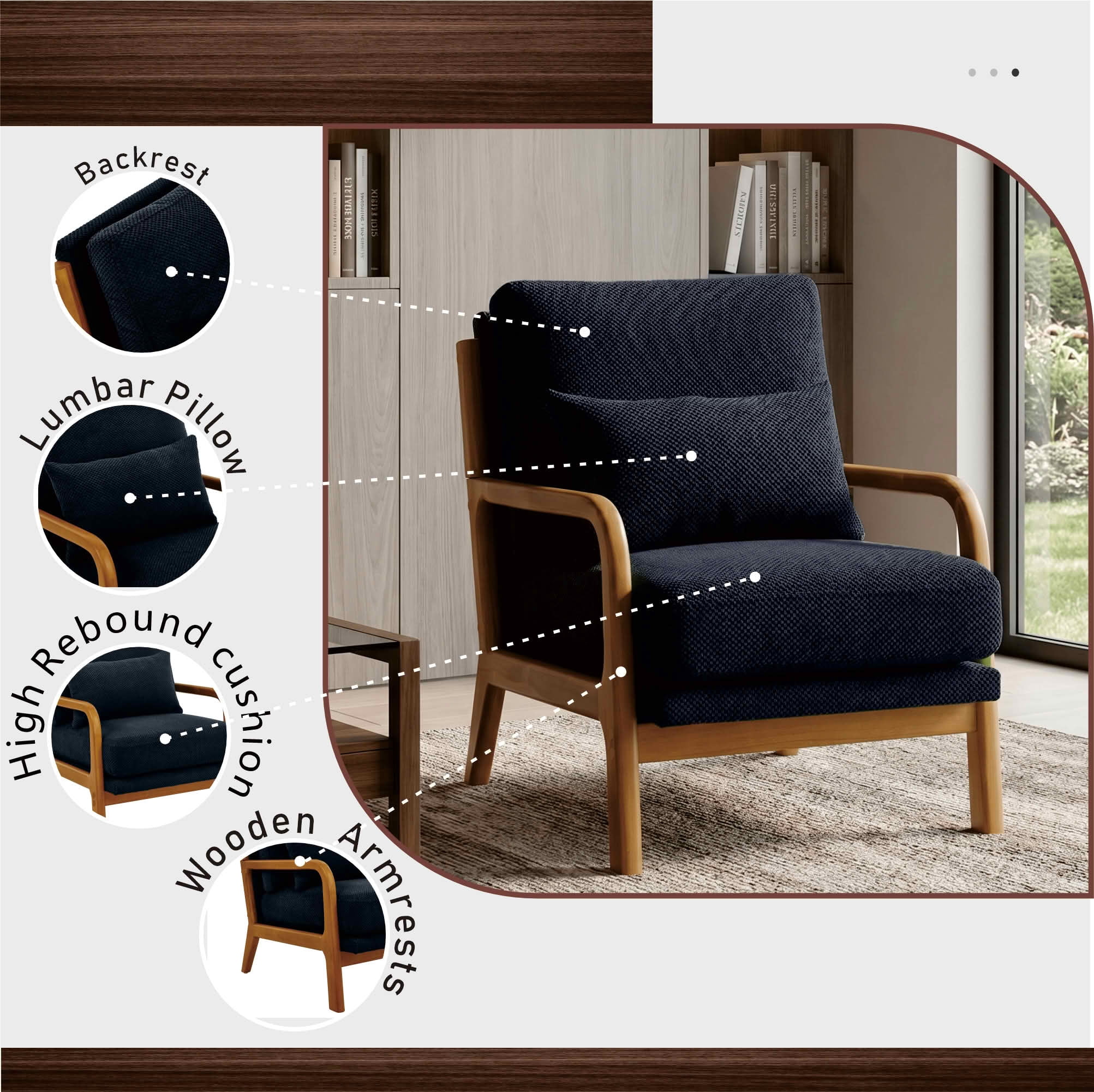 MAYEERTY 26 In Nubby Fabric Lounge Chair, Solid Wood Armrests, Lumbar Pillow, Black, 300 lb