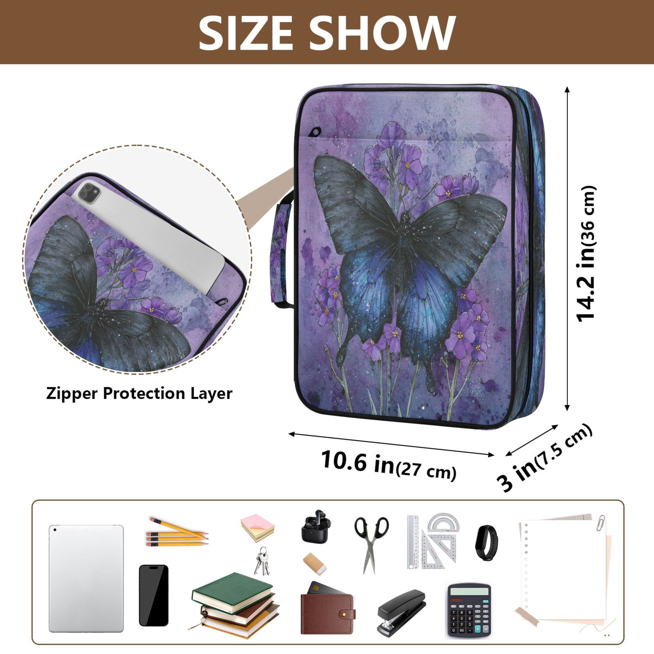 3 Ring Zipper Binder with Accordion File Organizer Waterproof Back to College Binder - 7 Layer Document Organizer for Study Home Office College Travel Supplies Black Blue Butterfly