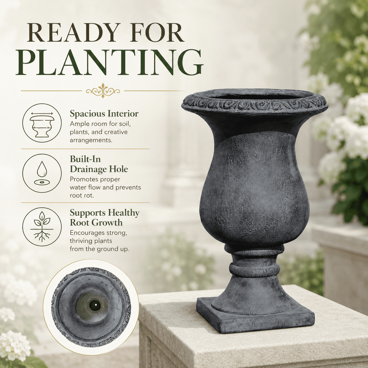Aukfa Large MGO Garden Urn Planter, Outdoor Tall Decorative Stone-Look Flower Pot with Drainage Hole & Weather-Resistant, Black