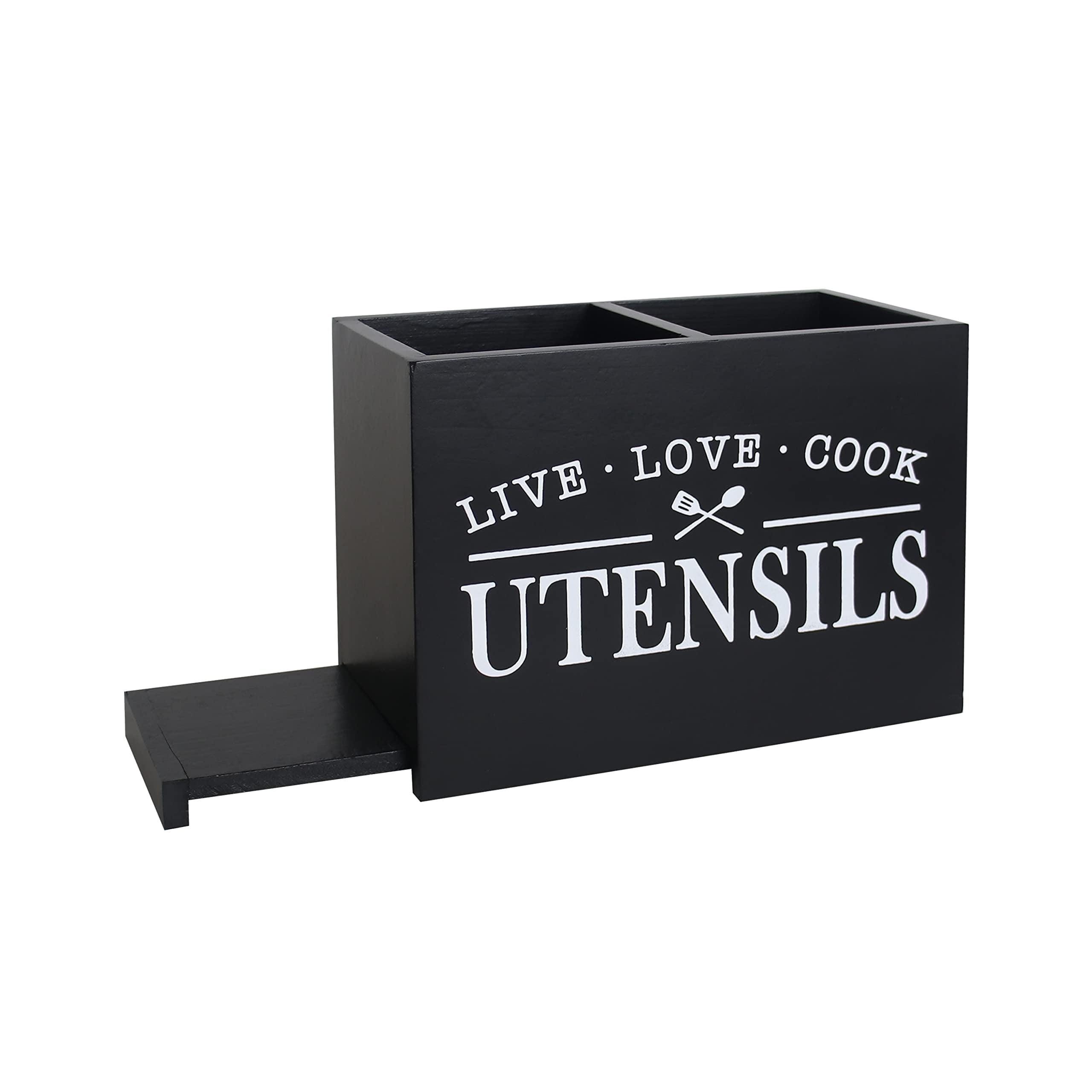 Arikago Kitchen Utensil Holder with Removable Bottom Large 2 Compartments Utensil Organizer Farmhouse Utensil Caddy for Countertop Decor, 9 x 7 x 5 Inch, Black
