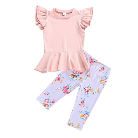 

One opening Kids Girls Top Floral Trousers Short Sleeve Ruffle Round Collar High Waist Flouncing Hem Elastic Clothes