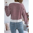 thumbnail image 6 of Womens Long Sleeve Striped Cardigan Sweaters Striped Cropped Button Fall Trendy Open Front Knit Sweater Coats Wine Red L, 6 of 8