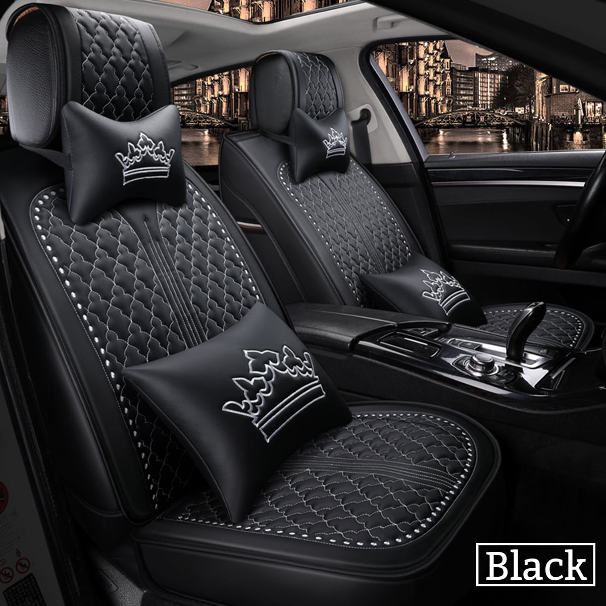Black PU Leather & Fabric Full Set Seat Covers Padded For Kia Hyundai