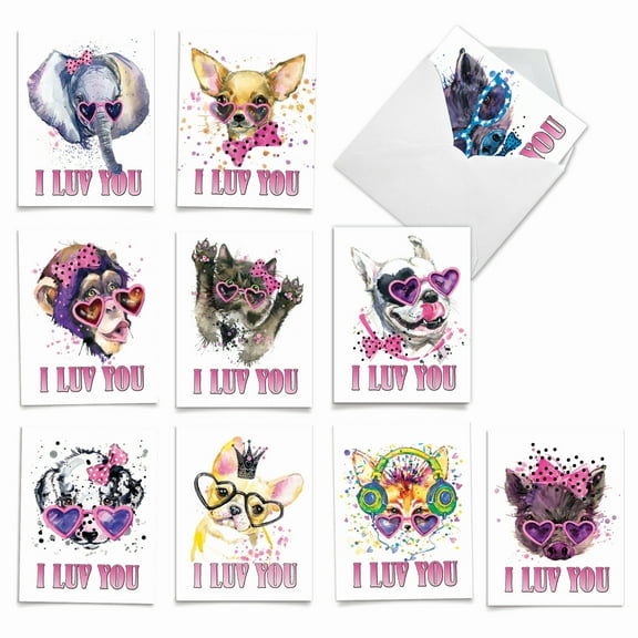 10 Assorted Valentine's Day Note Cards with Envelopes (4 x 5.12 Inch) - Funky Luv Creatures
