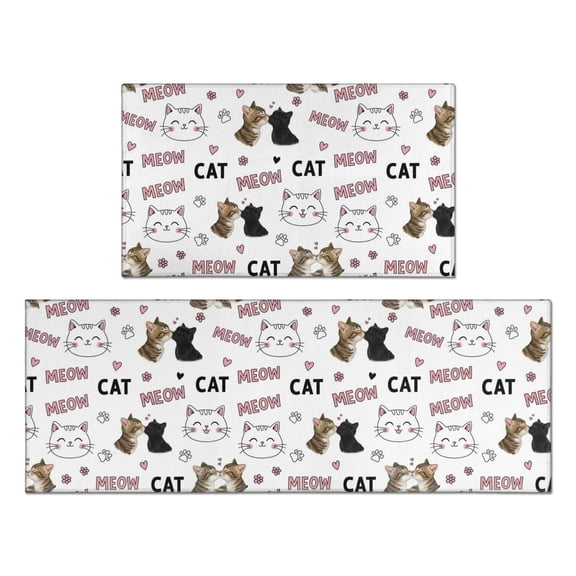 Cat and Meow White Pattern Anti Fatigue Kitchen Rugs Set Of 2, Non Slip Washable Decorative Floor Mats for Kitchen Sink Laundry, 17"x30" and 17"x47"
