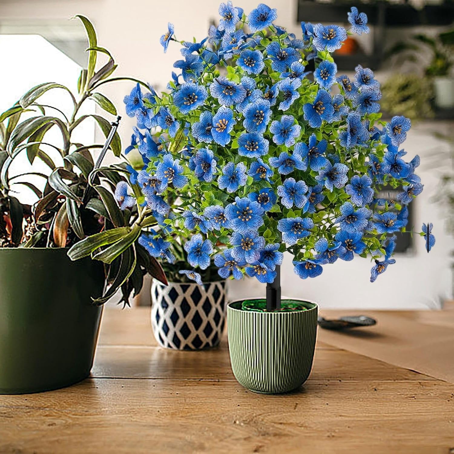 Artificial Flowers with Ground Spikes,Artificial Flowers for Outdoor Garden,UV Resistant & Waterproof,Flower Decor for Yard Lawn Patio Walkway Porch Home (Blue)