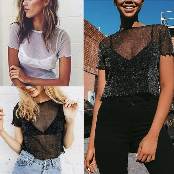 babydream1 Women Girls Sheer See-Through Gauze Crop Blouse Top Short Sleeve  T-Shirt
