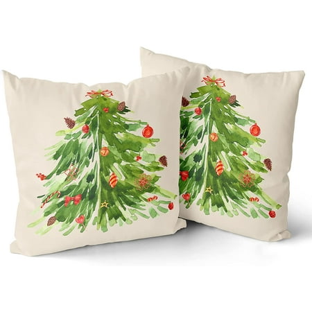 

Kawani Watercolor Christmas Tree Throw Pillow Covers 16x16 Inch Green Xmas Tree Decorative Square Pillow Cases Set of 2 Winter Holiday Pillowcases Farmhouse Home Decor Sofa Living Room Bedroom Couch