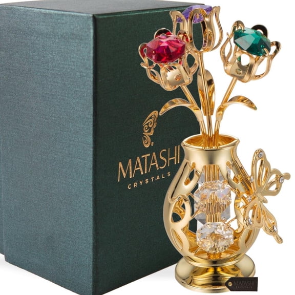Matashi 24K Gold Plated Flower Bouquet in Vase with Colorful Crystals and Butterfly, Tabletop Home Decoration, 1 Count