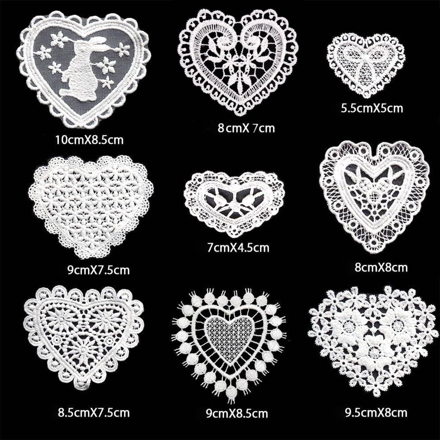 9pcs Heart Shapes Lace Applique Embroidery Organza Patches DIY Sewing Craft for Decoration Repairing and Decorating (White)