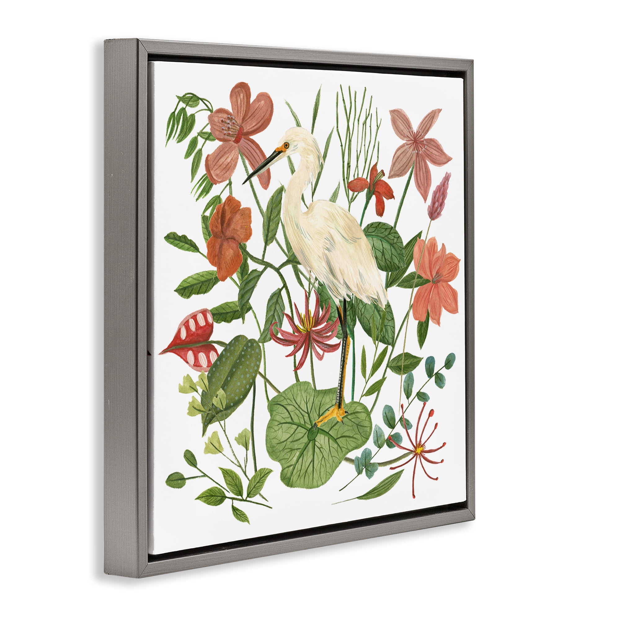 Stupell Industries Heron with Wild Florals Landscape Painting Gray Floater Framed Canvas Art Print Wall Art, 25 x 25