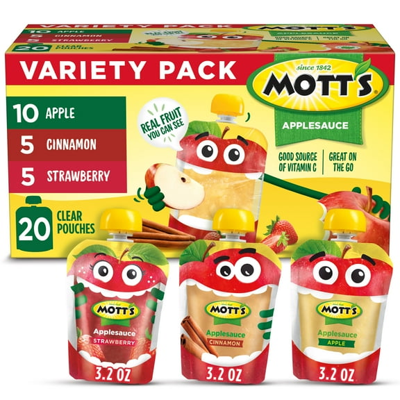 Mott's Applesauce Variety Pack 3 Flavors, 3.2 oz, 20 Count Clear Pouches