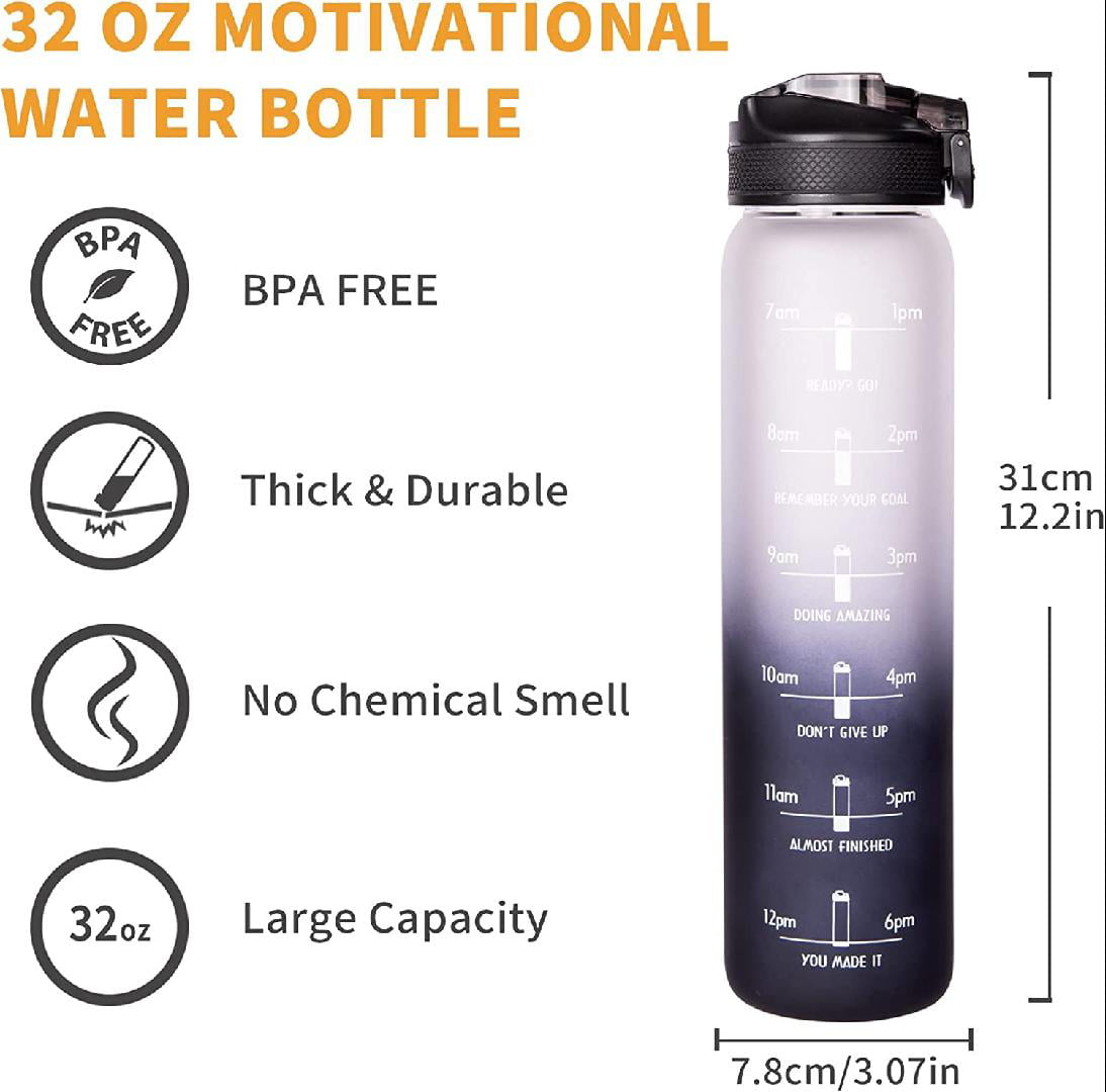 32Oz Borosilicate Glass Water Bottle with Straw & Time Marker, Wide Mouth  Motiva