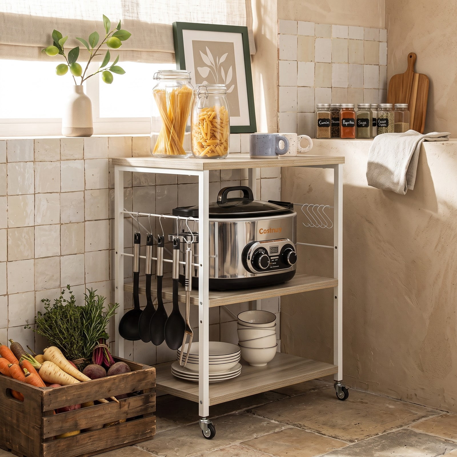 RUIE 3-Tier Kitchen Baker's Rack Microwave Oven Storage Cart with 10 Hooks, 4 Casters and Adjustable Shelf for Coffee Bar Dining Room, Light Brown