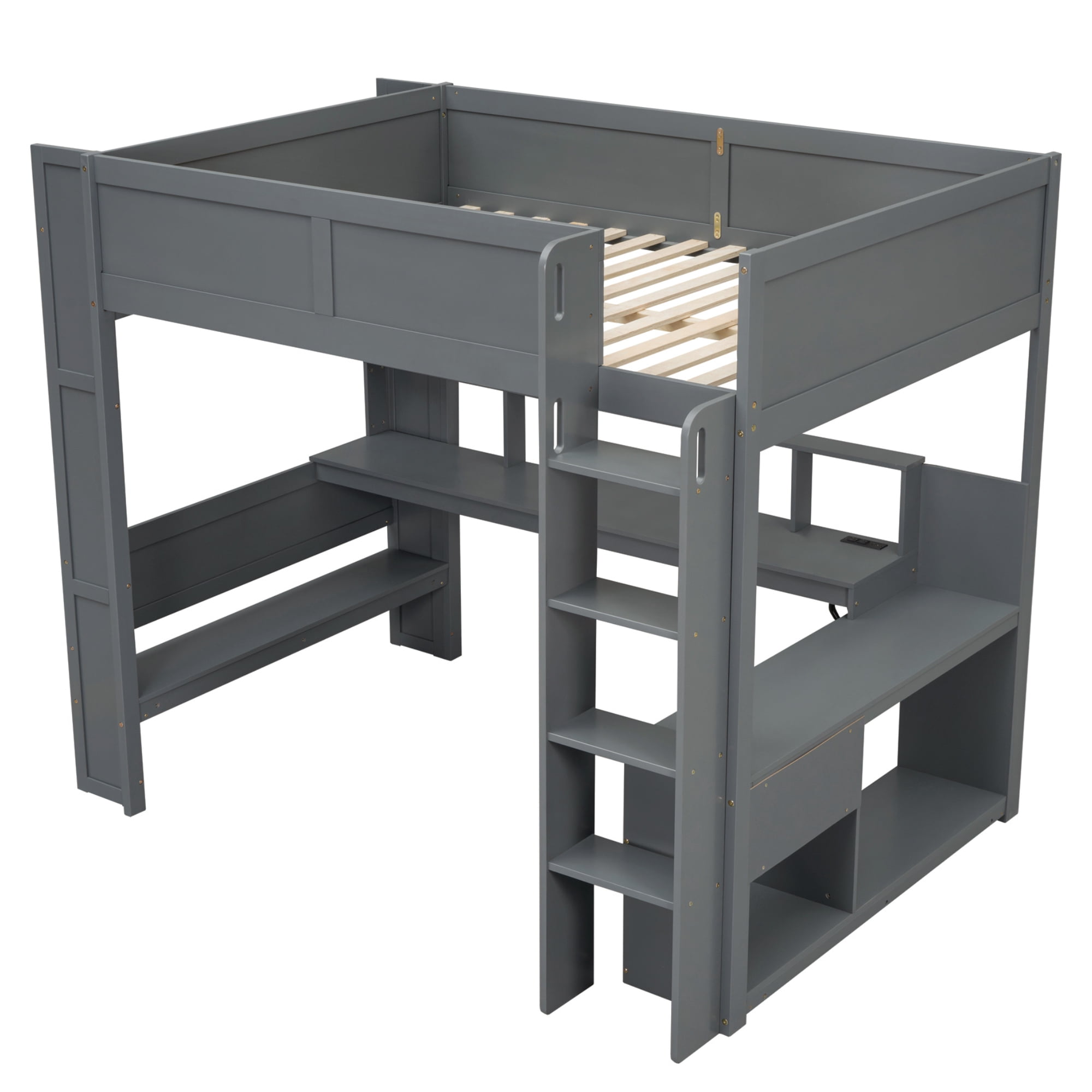 Euroco Wood Full Size Loft Bed Frame, Gaming Bed with Desk and Shelves, USB Charging Station and LED Light for Kids Teens, Dark Gray