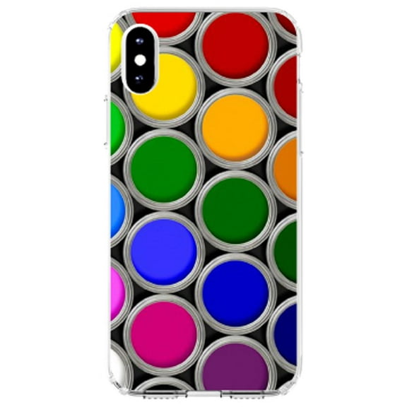 DistinctInk Clear Shockproof Hybrid Case for iPhone X / XS (5.8" Screen) - TPU Bumper, Acrylic Back, Tempered Glass Screen Protector - Rainbow Paint Cans - Rainbow Art Supplies