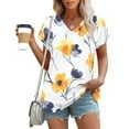thumbnail image 2 of Summer Dressy Blouses for Women Pleated Short Sleeve Tunic Tops Casual Floral Shirts V-Neck Solid T-shirts Summer Vacation Beach Fashion Plus Size S-XXL, 2 of 6