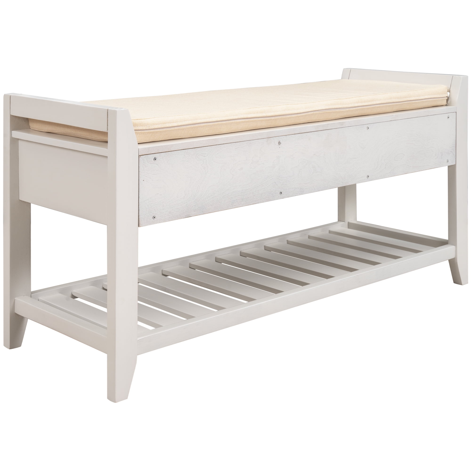 DEALTOPS Vintage Storage Bench with 2 Drawers and Soft Cushion, Multipurpose Shoe Rack for Entryway - White
