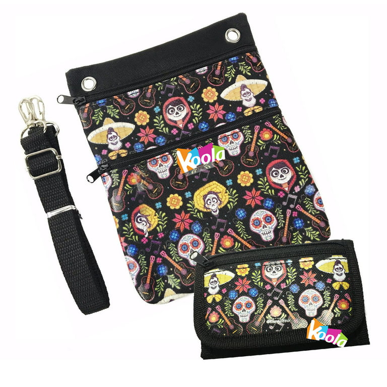 Licensed Disney Coco Shoulder Bag Cross Body Purse Black w/ Kids Tri-Fold Wallet, Multi-Color