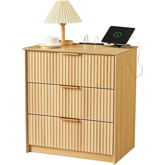 Fluted Nightstand with Charging Station, Modern Chest of Drawers Night Stand, Mid‑Century Natural Wood Bedside Table with 3 Drawers, Boho End Table for Bedroom, Light Oak, 23.6"(W) x15.8(D) x25.6(H)