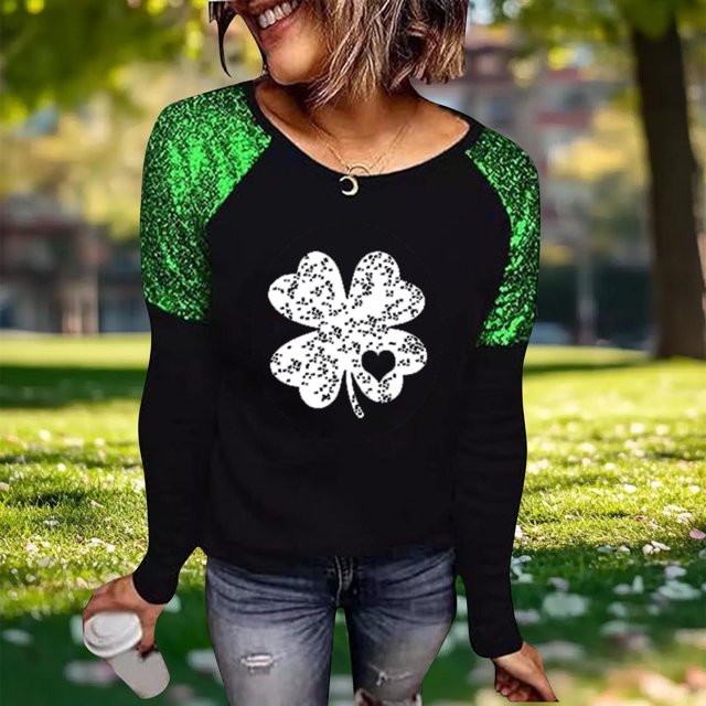 RKSTN St Patrick's Day Shirts for Women Oversized Crewneck Glitter Luckys Irish Shamrocks Paddy's Day Graphic T Shirts Top Womens Casual Plus Size Round Neck Loose Comfy Tees Fall Spring Clothes