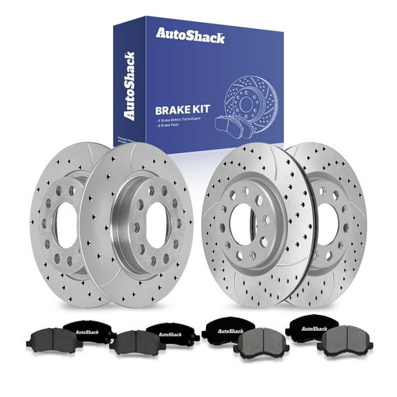 AutoShack Front Vented & Rear Solid Drilled & Slotted Coated Brake Rotors Silver Matte Finish   Premium Ceramic Pads 12-PC Brake Kit Replacement for 2013-2016 Dodge Dart TurboGuard
