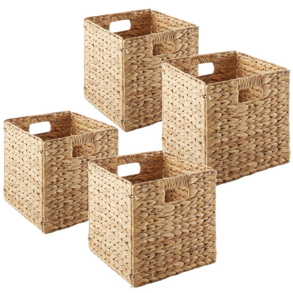 Set of 4 Woven Storage Baskets 10.5 Inch Collapsible Cube Bins Natural