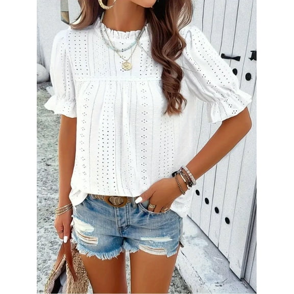 MORTTIC Women's Elegant Ruffle Detail Blouse Short Sleeve Round Neck Top for Summer, Perfect for Office, Casual Outings, and Elegant Daily Wear