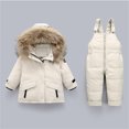 thumbnail image 1 of Toddler Baby Girl Winter Snowsuit Set Toddler Hoodied Down Coat Jacket Top + Suspenders Pants Winter Clothes for Kids Boys Girls（1-5 Years）,Beige,3-4 Years, 1 of 3