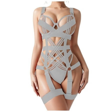 SUMMERRR Women Fishnet Bodystocking Fishnet Lingerie Long Sleeve Bodysuits Strap Chemise Halter Womens Lingerie Satin Silk Robe Mesh Badydoll Women Front Closure Lace