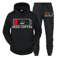 thumbnail image 2 of Conjunto de 2 piezas de sudadera y pantalón divertidos para hombre con estampado "Need Coffee" de manga larga con capucha y patrón de batería baja, ropa deportiva, 2 of 5