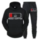 thumbnail image 2 of Conjunto de 2 piezas de sudadera y pantalón divertidos para hombre con estampado "Need Coffee" de manga larga con capucha y patrón de batería baja, ropa deportiva, 2 of 5