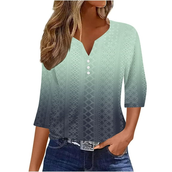 LYEAA Plus Size 3/4 Sleeve V-Neck Ombre Tops for Women Stretchy Casual Blouse Spring Summer Loose Fit Flowy Tunic Shirts Gray S