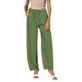 thumbnail image 3 of Women's Plus Size Linen Blend Pants, Casual Solid Color Straight Leg Trousers with Elastic Waist and Pockets, Loose Fit Wide Leg Maxi Pants for Daily Wear, Vacation and Street Style Green XXXL, 3 of 10