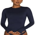 thumbnail image 2 of PENGXIANG Women‘s Y2K Slim Crop Tops Solid Color Long Sleeve  Neck T-Shirts Basic Tee Yoga Workout Tops, 2 of 6