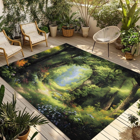 Forest Outdoor Rug for Patio/Deck/Porch, Non-Slip Large Area Rug 4 x 6 Ft, Nature Woodland Spring Scenic Green Trees Flower Indoor Outdoor Rugs Washable Area Rugs, Camping Rug Carpet Runner