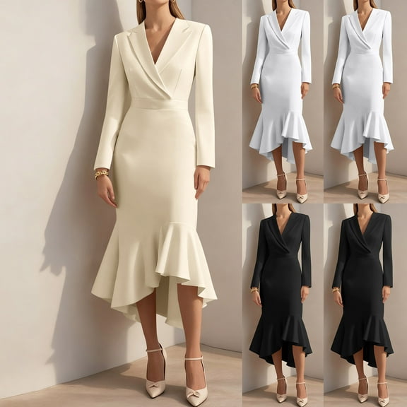 qolati Womens Work Dresses Fall Elegant Bodycon Business Pencil Dress Asymmetrical Ruffle Hem Long Sleeve V Neck Sheath Wrap Office Midi Dress Beige XL