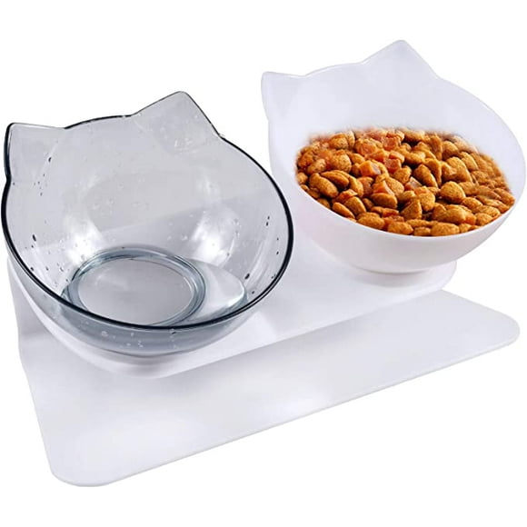 Zshan Double Bol pour Chat, Gamelle pour Chat, Inclinable à 15° Double Gamelle Chat Surélevée, Chargeur pour Animaux De Compagnie pour chats et chiens de petite (1 bols pour chats blancs + 1 transpare
